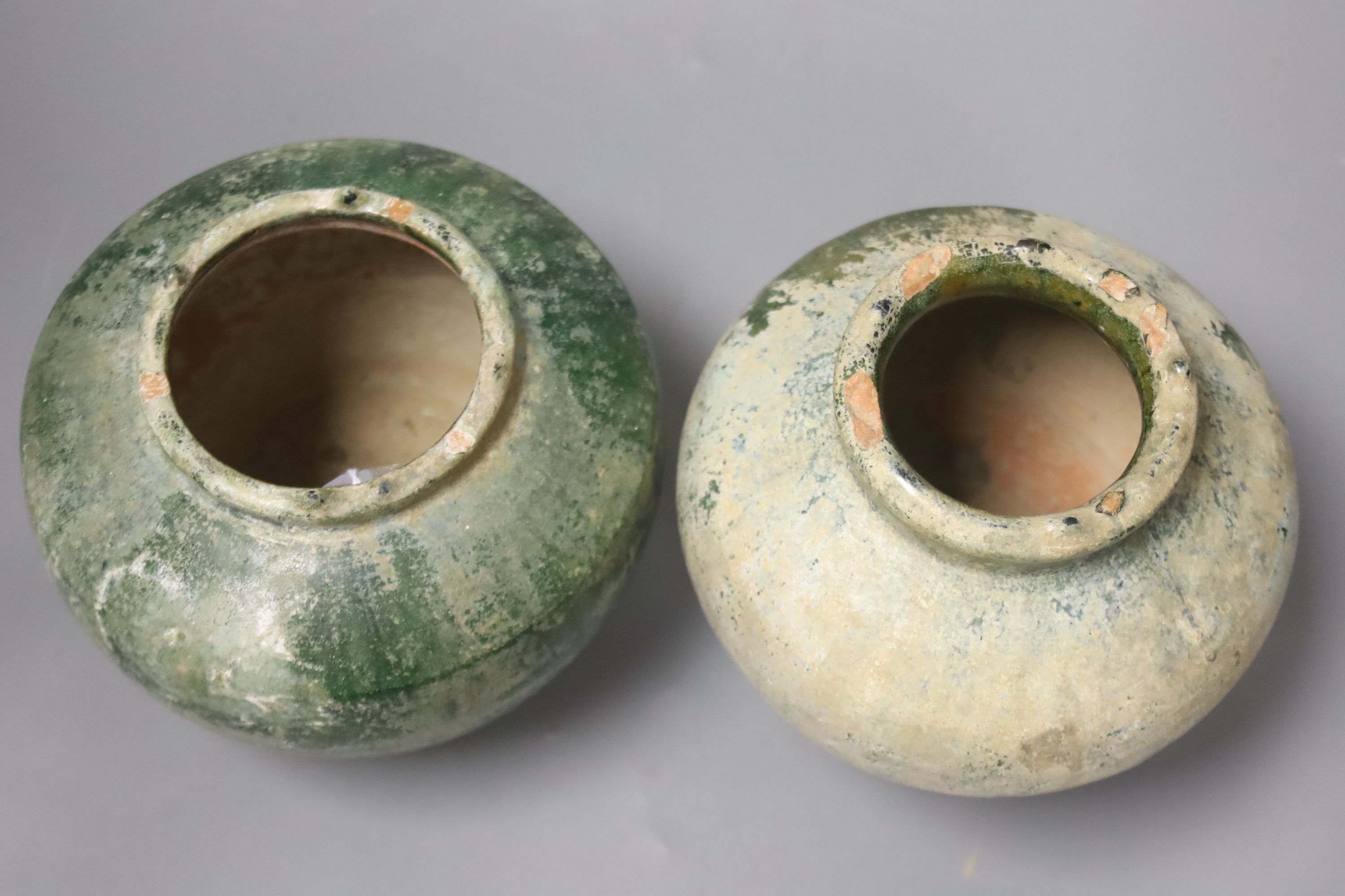 Two Chinese green glazed terracotta vases, Han dynasty (202BC - 220AD), tallest 15cm